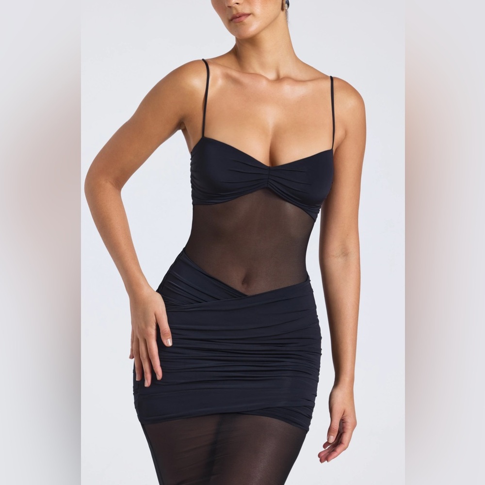 Sheer Panelled Draped Midaxi Dress in Black - Oh Polly